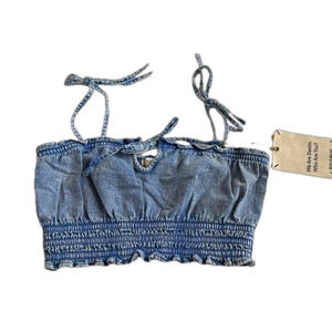 Pull &  Bear Denim Smocked Bandeau Crop Top with Tie Straps